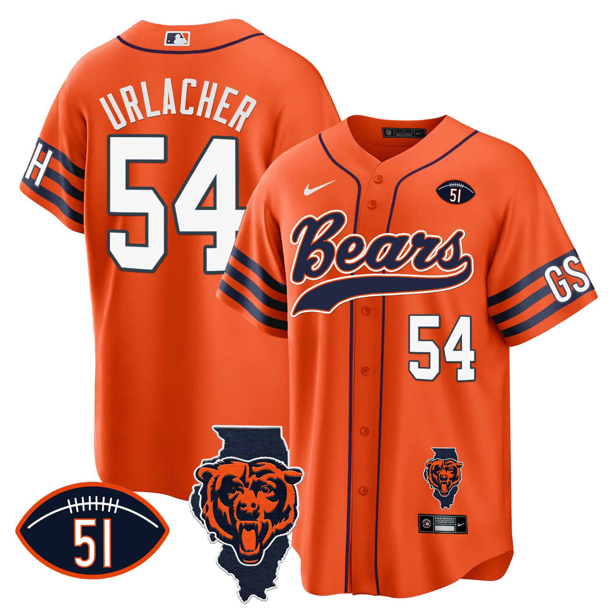 Men Chicago Bears 54 Urlacher Orange 2024 Nike Patch Baseball NFL Jersey